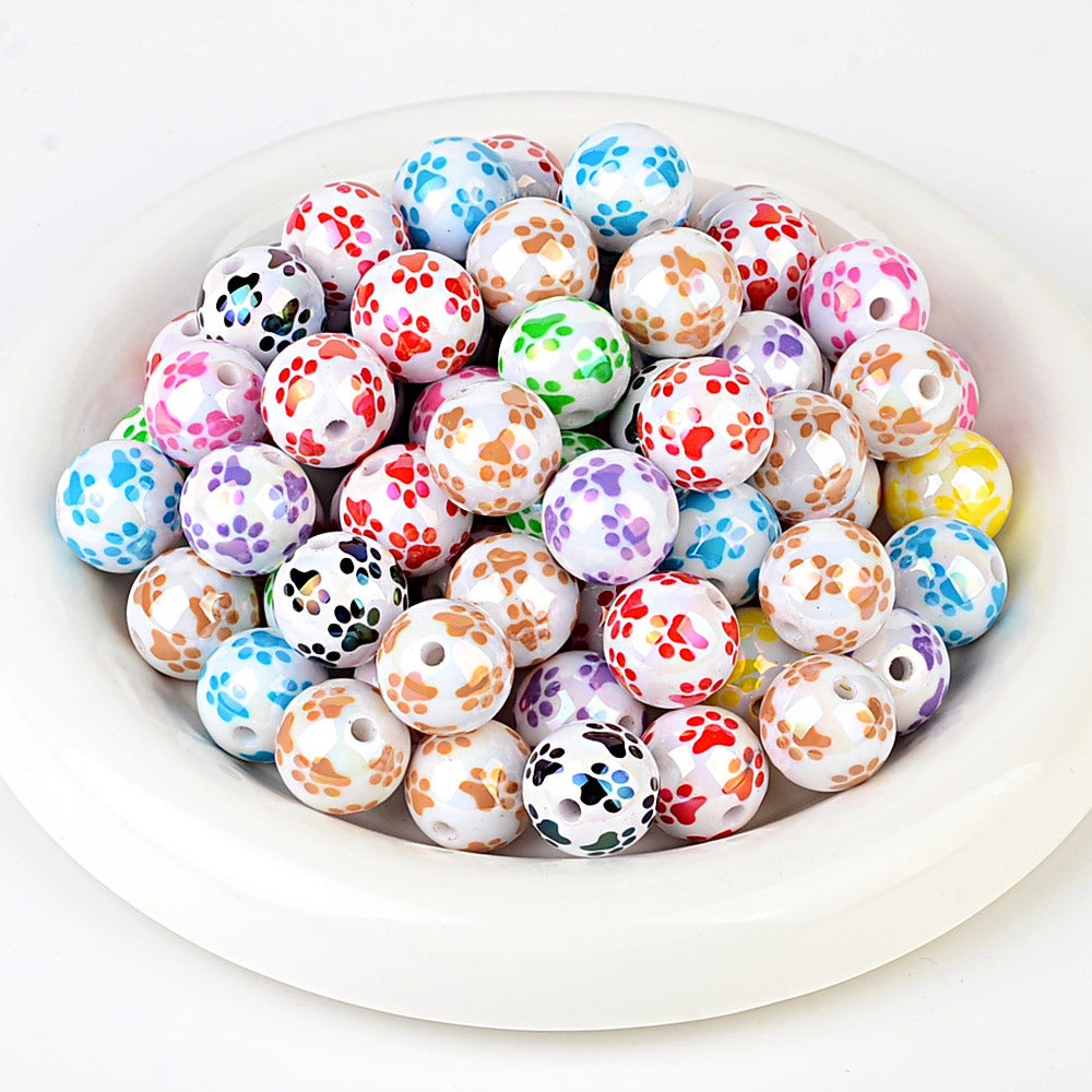100Pcs acrylic solid color printing cat claw pattern 16 vertical hole round beads DIY Douyin live broadcast mobile phone rope keychain accessories