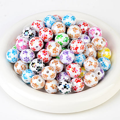 100Pcs acrylic solid color printing cat claw pattern 16 vertical hole round beads DIY Douyin live broadcast mobile phone rope keychain accessories