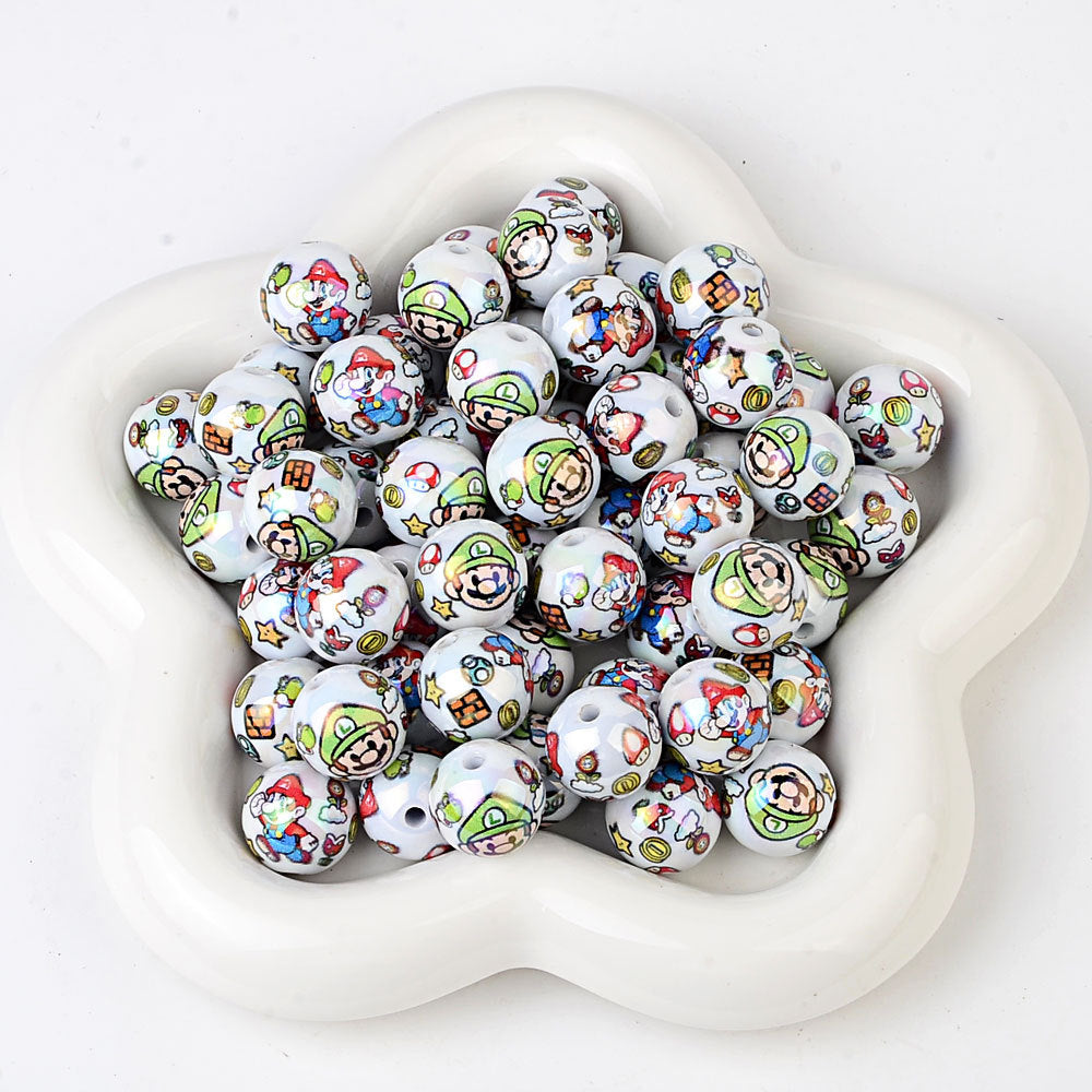 100Pcs 16mm acrylic cartoon Super Mario straight hole round beads DIY mobile phone rope keychain bead pen accessories