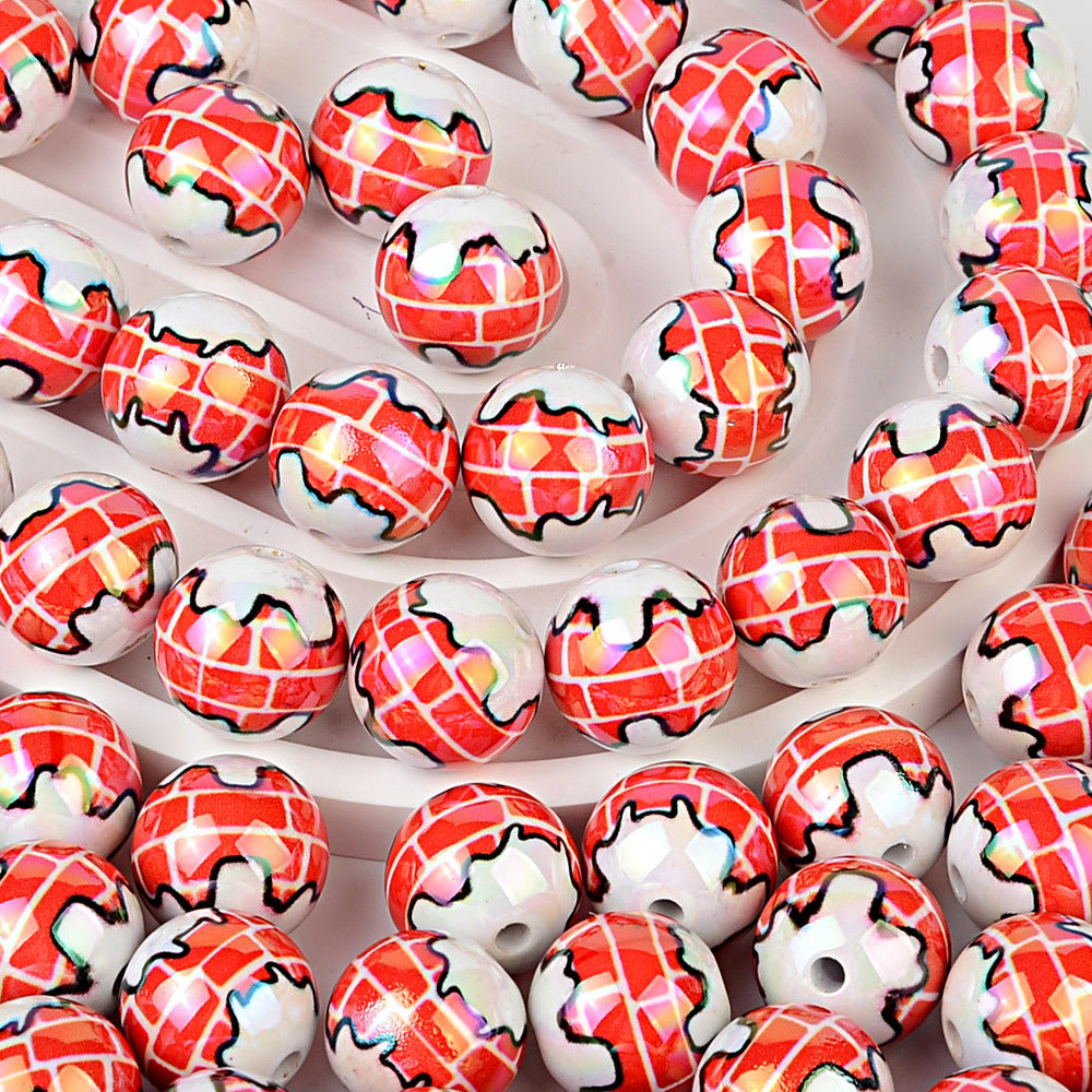100Pcs Christmas red brick house printed round beads, through hole DIY handmade bracelet accessories loose beads Christmas beads