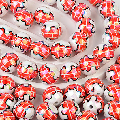 100Pcs Christmas red brick house printed round beads, through hole DIY handmade bracelet accessories loose beads Christmas beads
