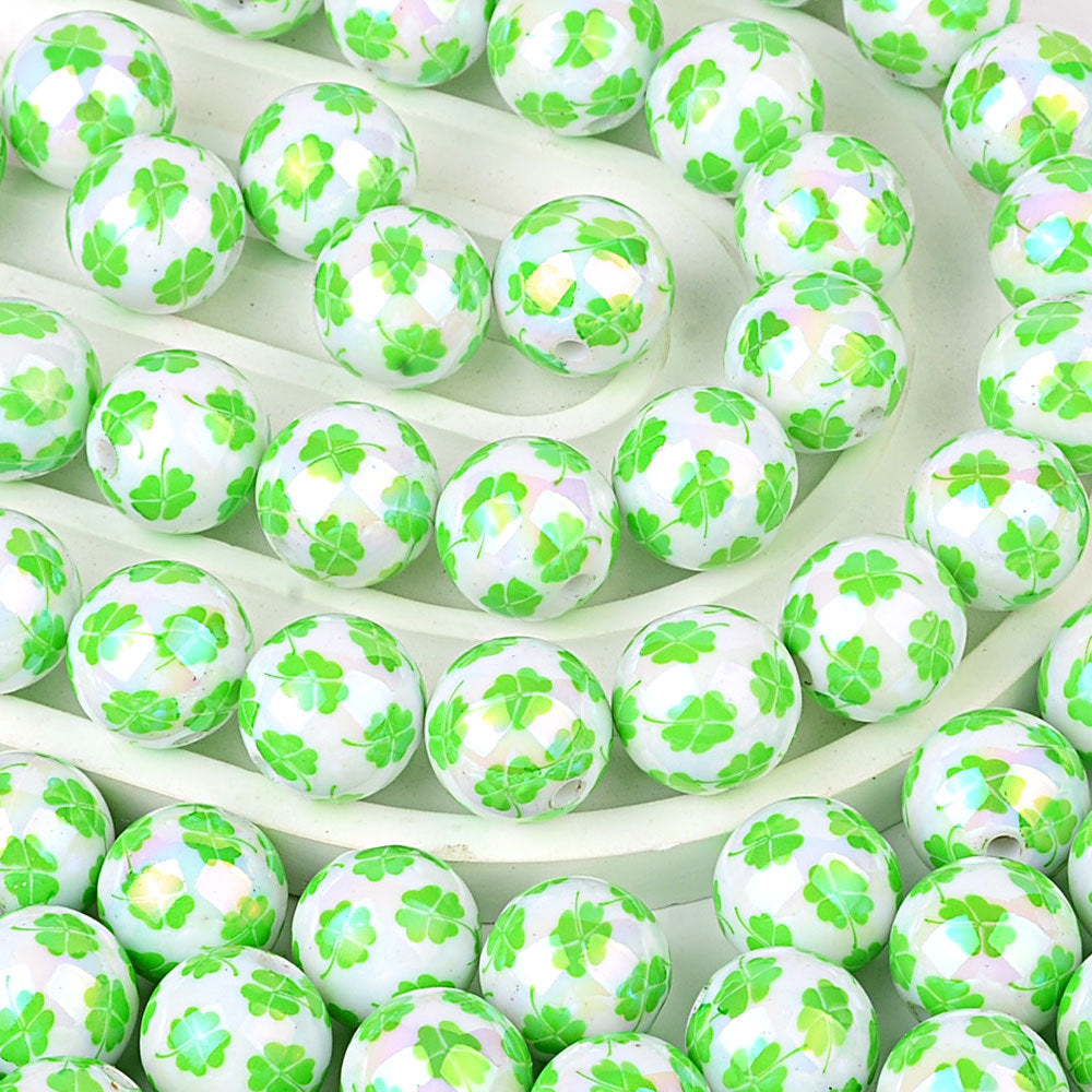 100Pcs 16mm acrylic printing four-leaf clover through-hole round beads DIY Douyin live broadcast mobile phone rope keychain pen accessories