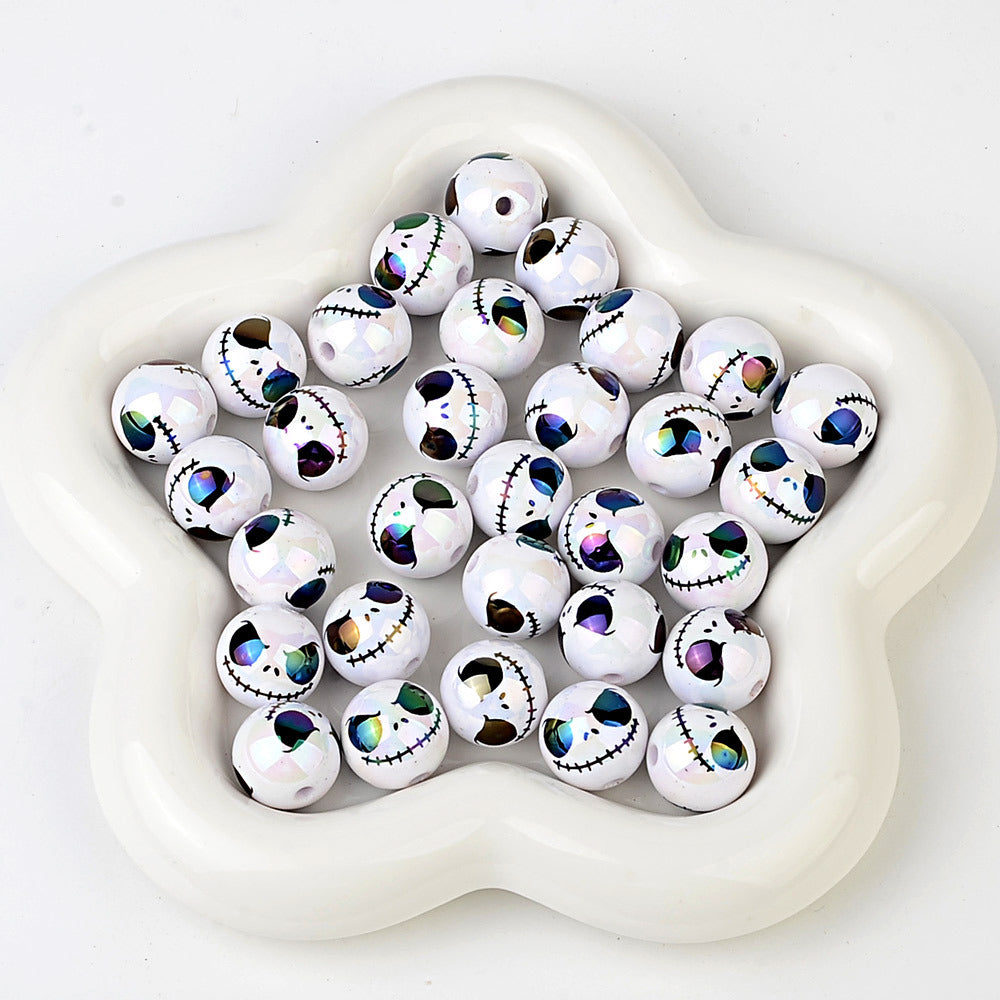 100Pcs acrylic plated UV printing Halloween grimace round beads DIY mobile phone chain keychain accessories bead pen decorative beads