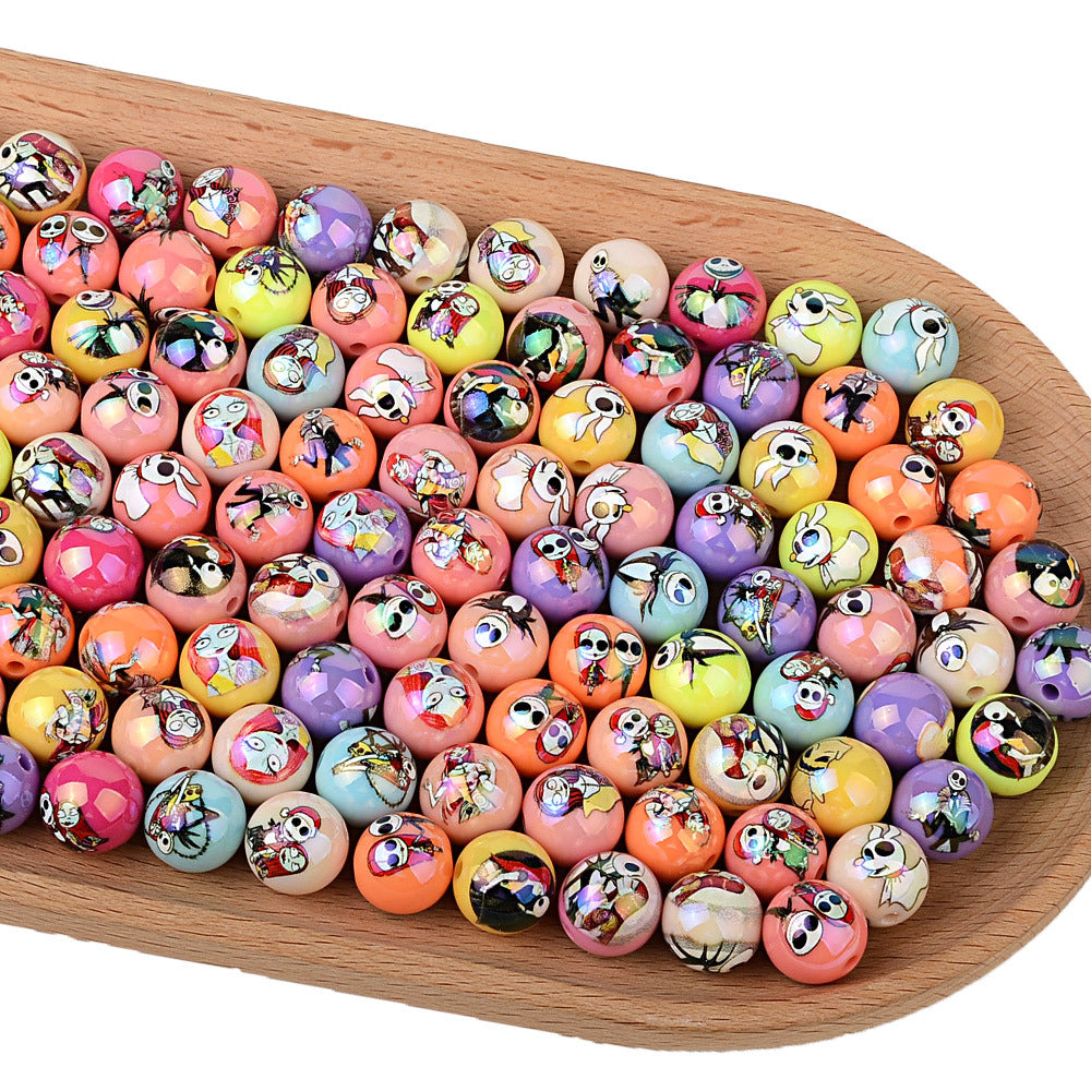 100Pcs Christmas Eve Horror Acrylic Solid Color Printing Halloween Theme Through Hole Loose Beads DIY Handmade Bead Pen Accessories