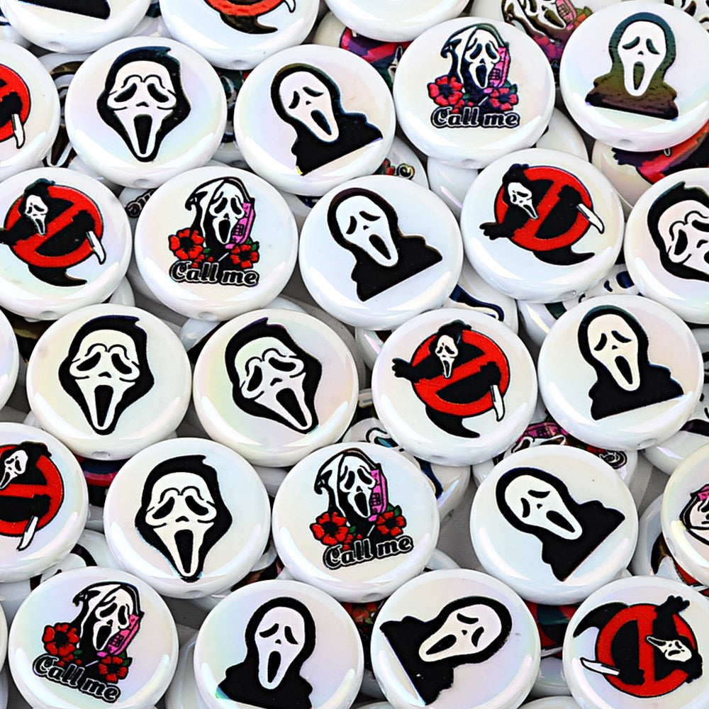 100Pcs Halloween elements grimace printing through hole flat beads DIY bead pen mobile phone chain jewelry loose beads accessories