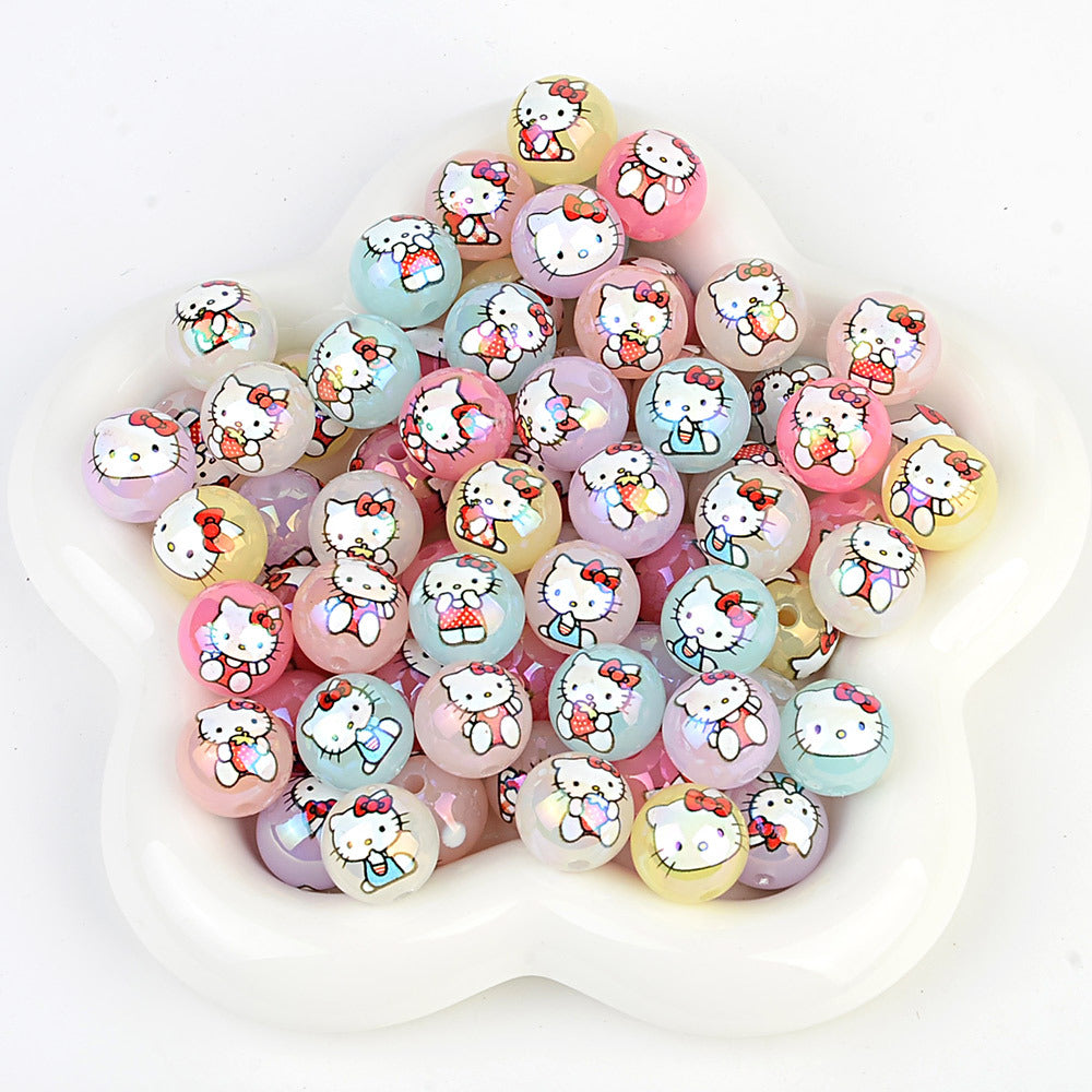 100Pcs printed Sanrio Hello Kitty hallo KT straight hole round beads DIY jewelry loose beads mobile phone chain bead pen accessories