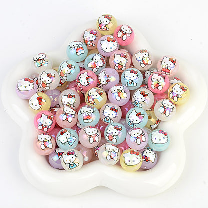 100Pcs printed Sanrio Hello Kitty hallo KT straight hole round beads DIY jewelry loose beads mobile phone chain bead pen accessories