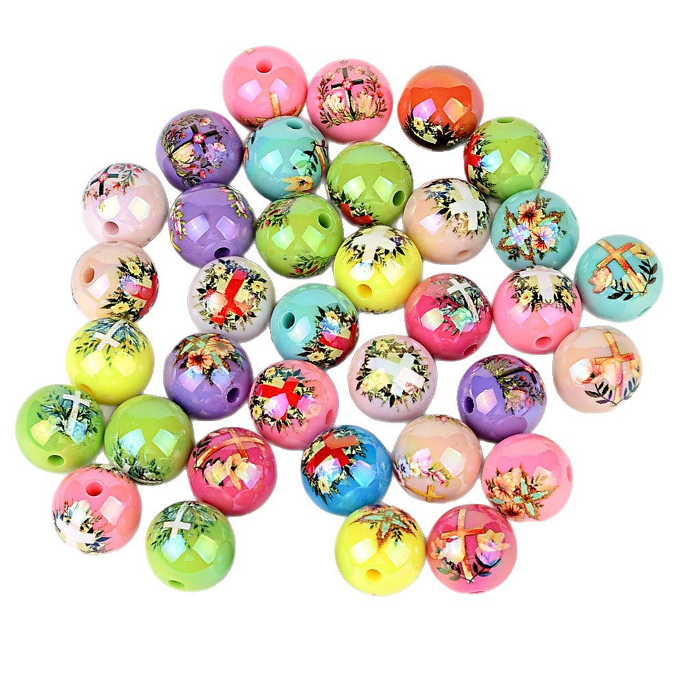 100Pcs new printed cross beaded fashionable versatile acrylic round beads high value DIY mobile phone chain printed loose beads