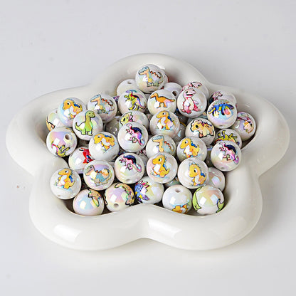 100Pcs 16mm acrylic solid color printing cartoon dinosaur theme straight hole round beads, handmade DIY mobile phone rope jewelry accessories