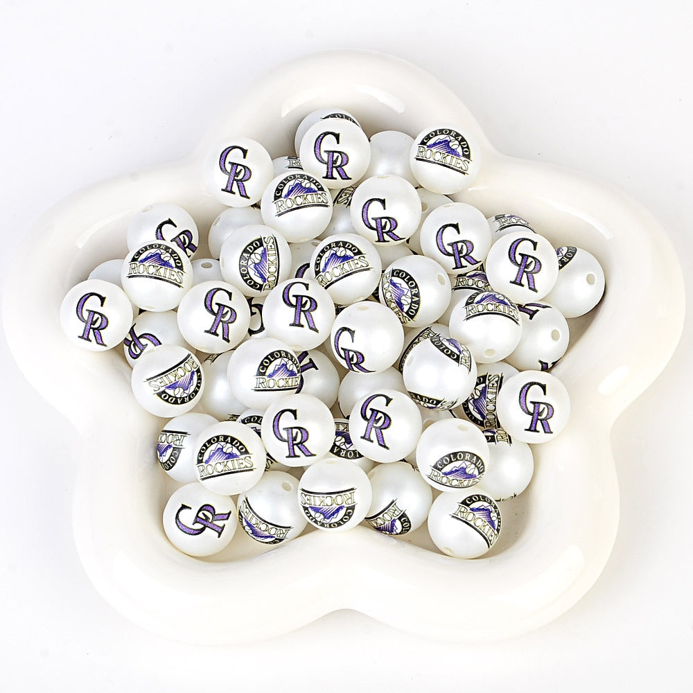 100Pcs 16mm frosted printing MLB baseball league round beads loose beads DIY bead pen car hanging baseball team accessories