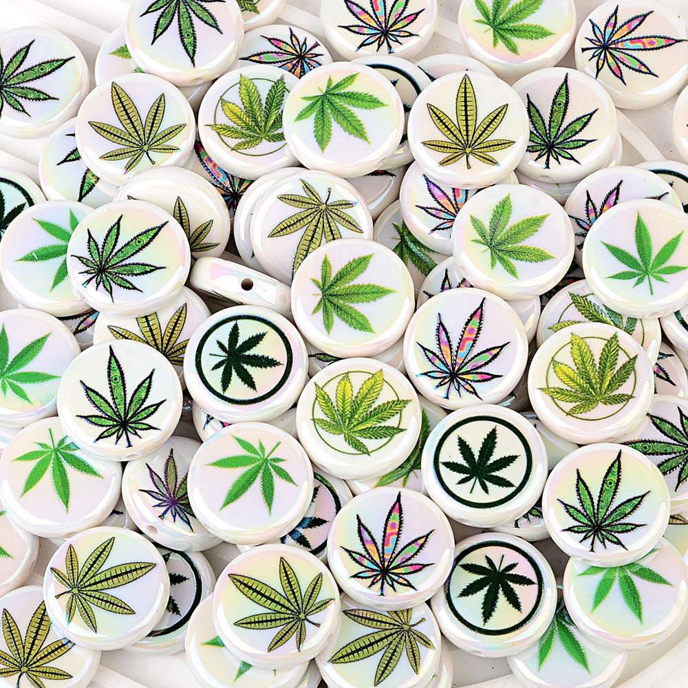 100Pcs color maple leaf printing beads, acrylic through-hole round beads Internet celebrity DIY jewelry accessories, cross-border wholesale