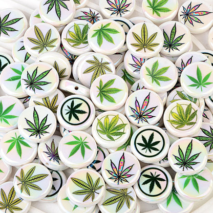 100Pcs color maple leaf printing beads, acrylic through-hole round beads Internet celebrity DIY jewelry accessories, cross-border wholesale