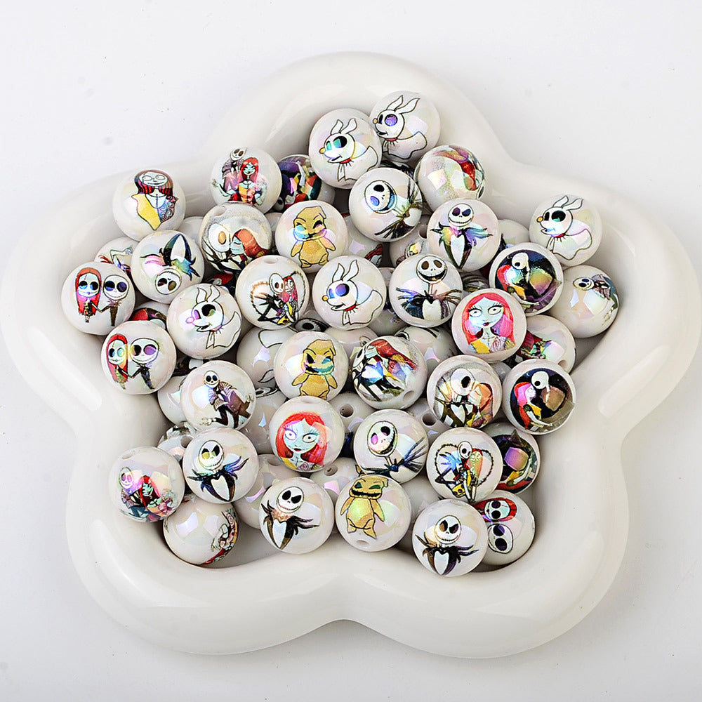 100Pcs Christmas Eve Horror Acrylic Solid Color Printing Halloween Theme Through Hole Loose Beads DIY Handmade Bead Pen Accessories