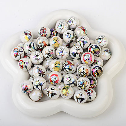 100Pcs Christmas Eve Horror Acrylic Solid Color Printing Halloween Theme Through Hole Loose Beads DIY Handmade Bead Pen Accessories