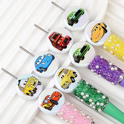100Pcs acrylic UV plated color cartoon racing series straight hole flat bead DIY handmade beaded jewelry accessories material