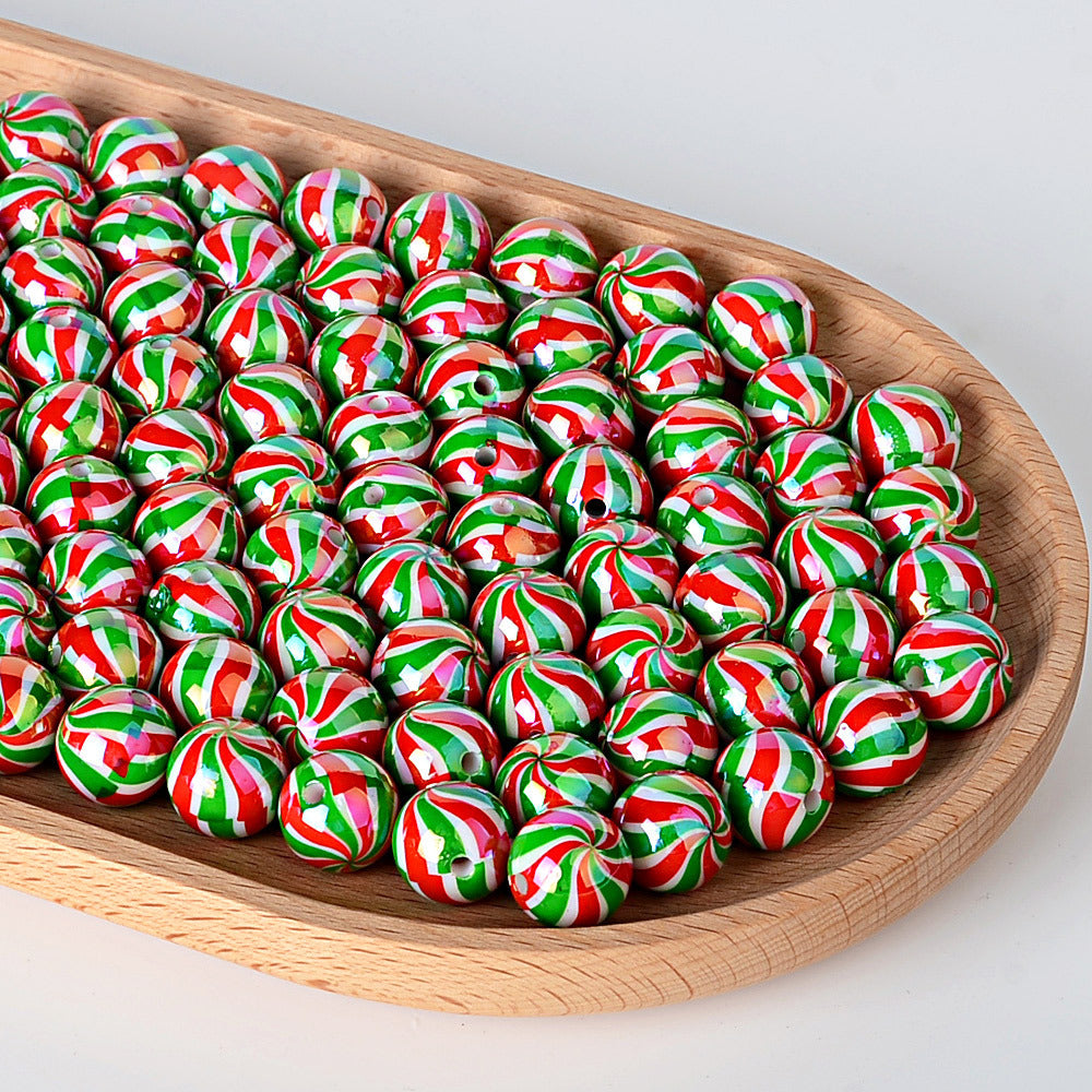 100Pcs 16mm acrylic Christmas color striped printed round beads DIY beaded mobile phone chain keychain loose beads wholesale