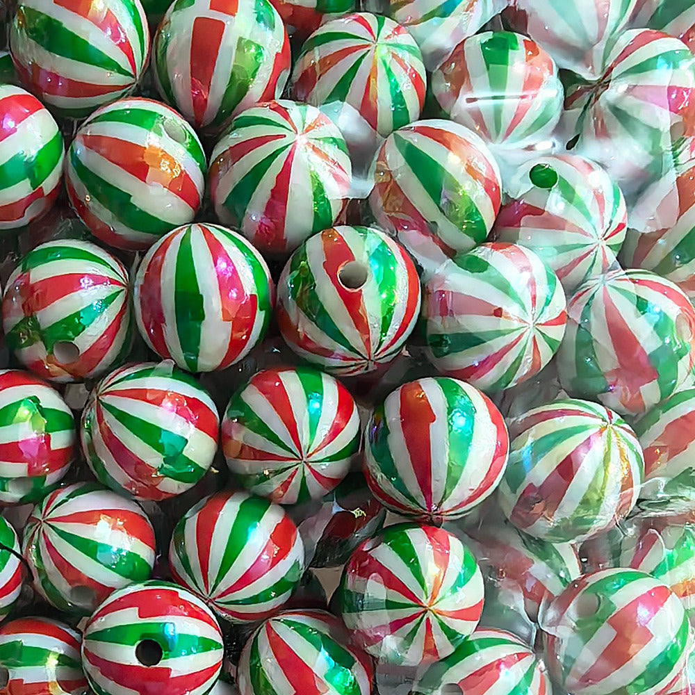 100Pcs 16mm Christmas acrylic printing striped spiral through hole beads DIY bead pen mobile phone chain accessories loose beads