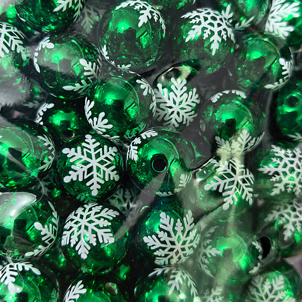 100Pcs 16mm metallic Christmas series snowflake printing round beads DIY handmade beaded loose beads mobile phone chain accessories