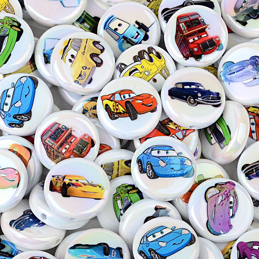 100Pcs acrylic UV plated color cartoon racing series straight hole flat bead DIY handmade beaded jewelry accessories material