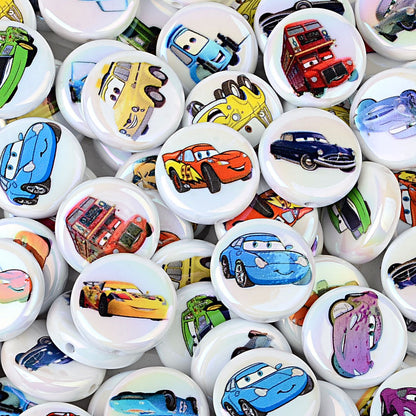 100Pcs acrylic UV plated color cartoon racing series straight hole flat bead DIY handmade beaded jewelry accessories material