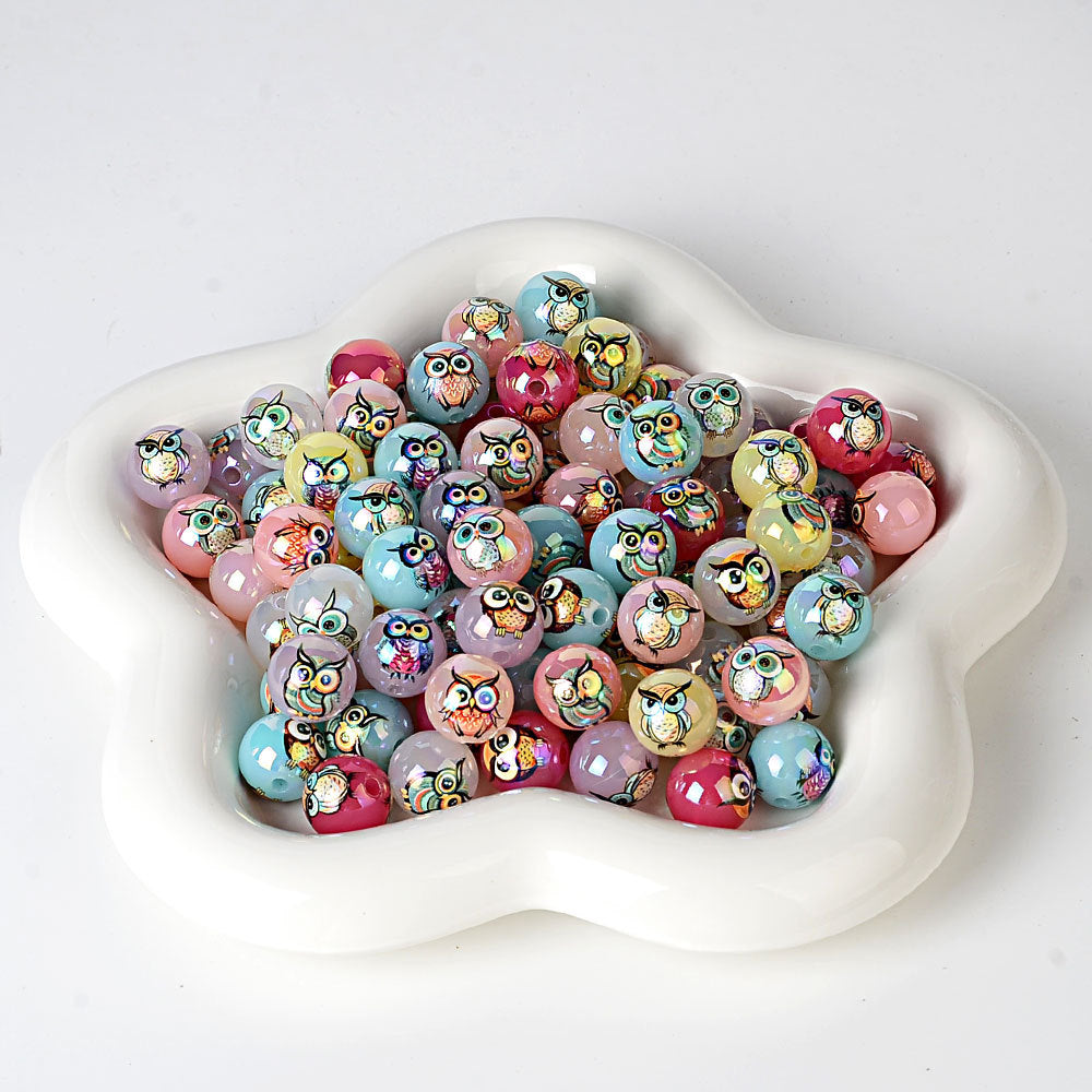 100Pcs 16mm acrylic solid color printing owl straight hole round bead DIY bead pen mobile phone chain pendant accessories