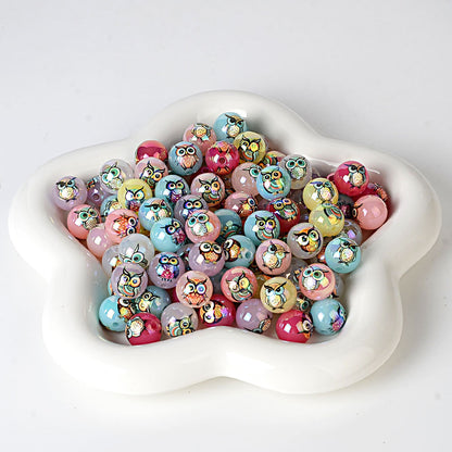 100Pcs 16mm acrylic solid color printing owl straight hole round bead DIY bead pen mobile phone chain pendant accessories