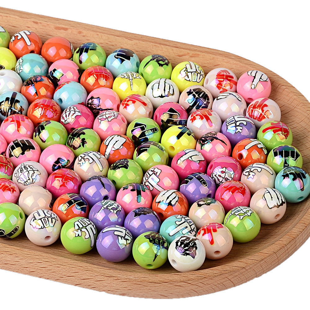 100Pcs multi-color colorful skull palm printing acrylic round beads American street punk style DIY loose bead accessories wholesale