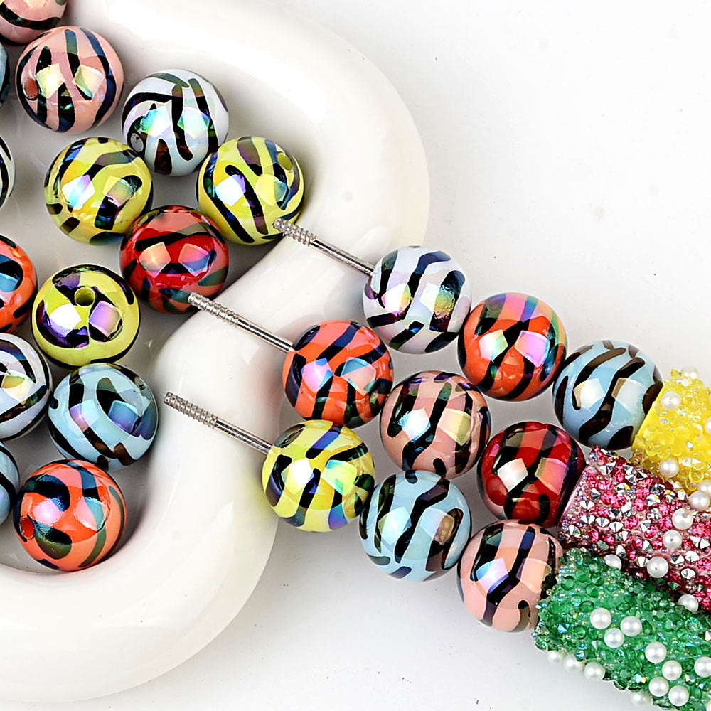 100Pcs UV plated colored acrylic zebra pattern line round beads colored striped beads DIY mobile phone chain keychain beaded material