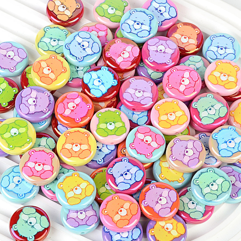 100Pcs Plated Color Printing Love Rainbow Bear Cartoon Round Cake Beaded DIY Pen Mobile Phone Chain Keychain Accessories