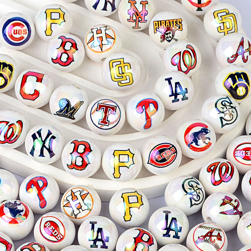 100Pcs acrylic printing MLB baseball round beads 16MM loose beads DIY bead pen car hanging accessories