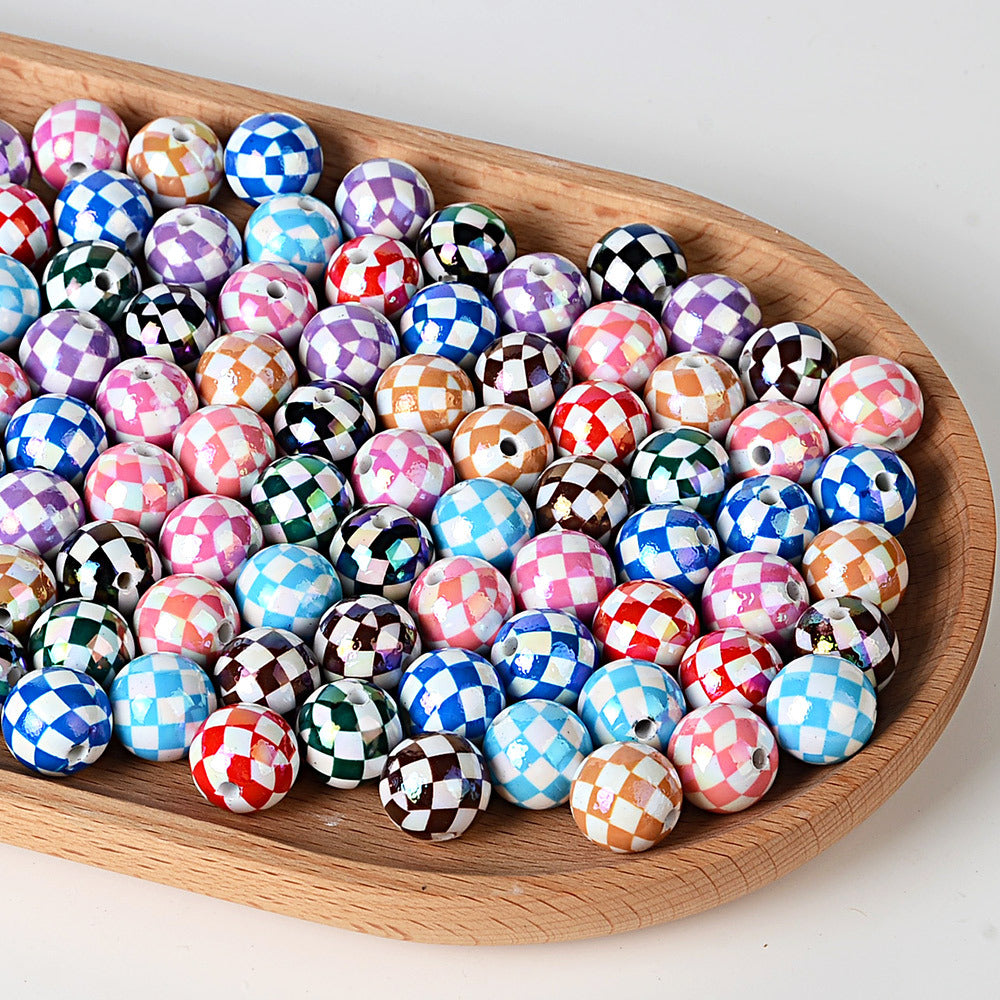 100Pcs UV plated color checkerboard square grid pattern round beads DIY handmade beaded loose bead string pen mobile phone chain jewelry accessories