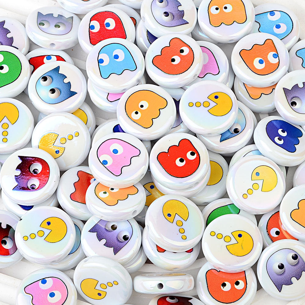 100Pcs 16mm acrylic solid color printing Pac-Man ghost straight hole round beads DIY handmade beaded jewelry accessories loose beads