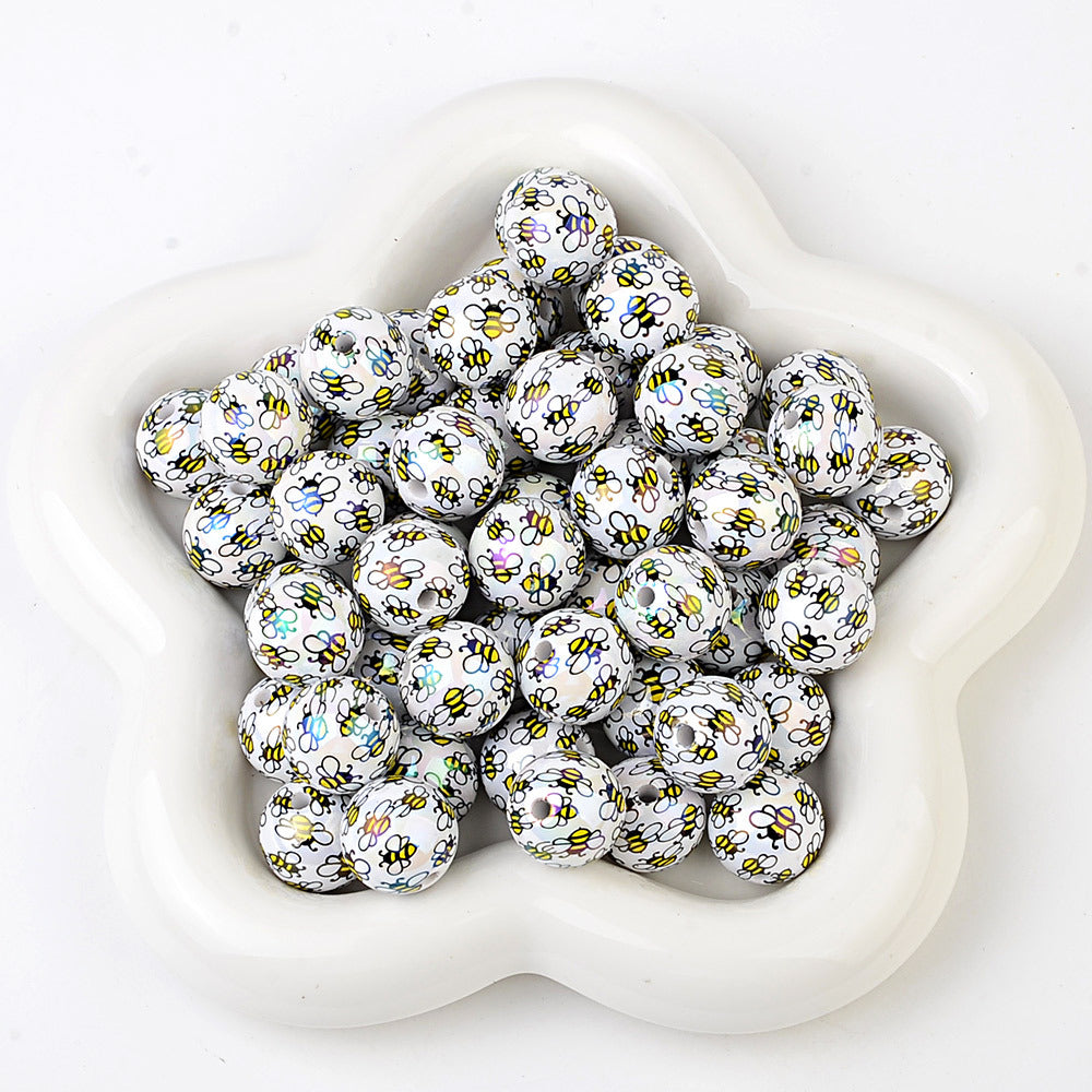 100Pcs acrylic plated cute little bee through hole round beads DIY handmade beaded necklace earrings bracelet accessories loose beads
