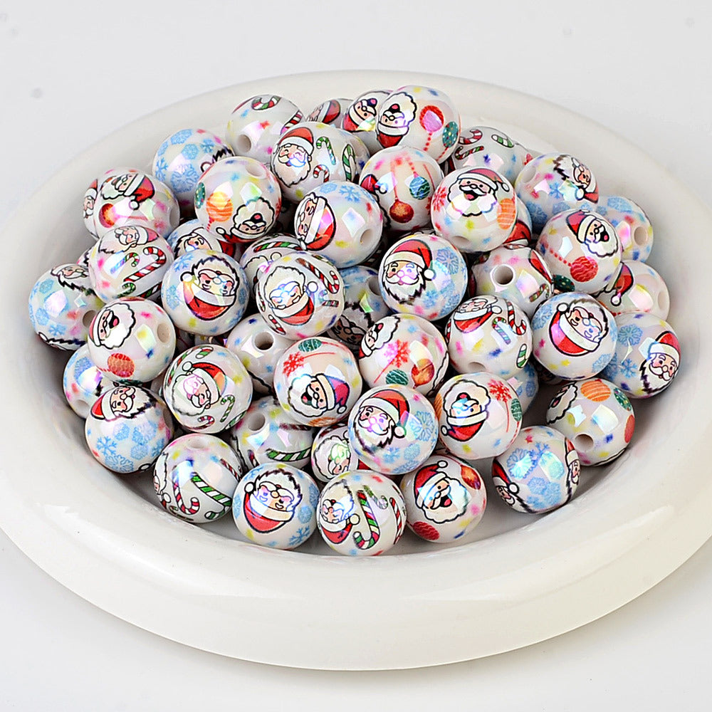 100Pcs Christmas elements printed round beads Santa Claus Christmas tree gingerbread man various acrylic beaded ornaments wholesale
