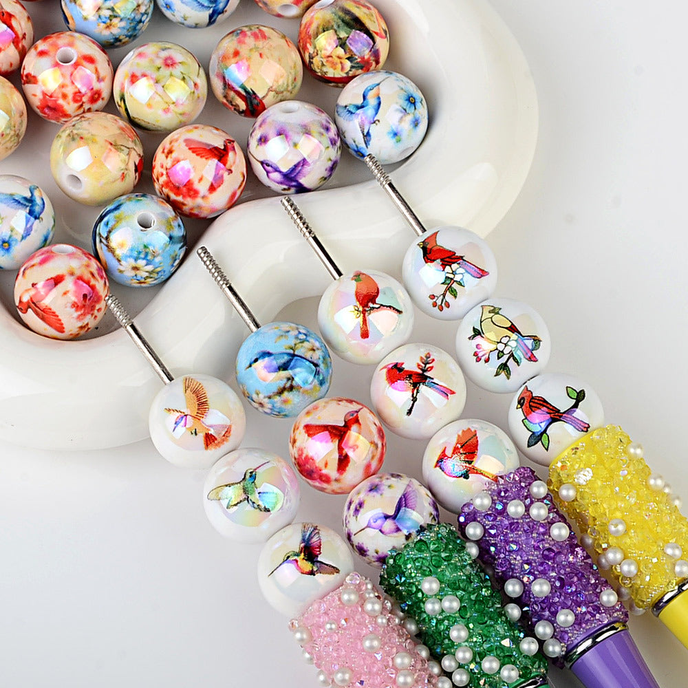 100Pcs UV printed magpie bird acrylic hummingbird pattern beads DIY handmade bracelet necklace beaded material wholesale