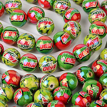 100Pcs American soda Mtn Dew printed acrylic round beads, straight hole loose beads DIY handmade jewelry accessories wholesale
