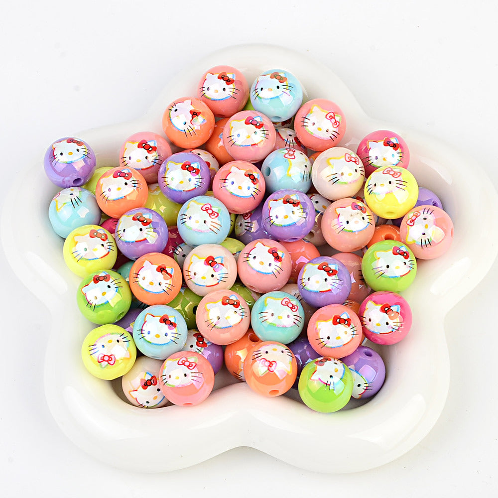 100Pcs printed Sanrio Hello Kitty hallo KT straight hole round beads DIY jewelry loose beads mobile phone chain bead pen accessories