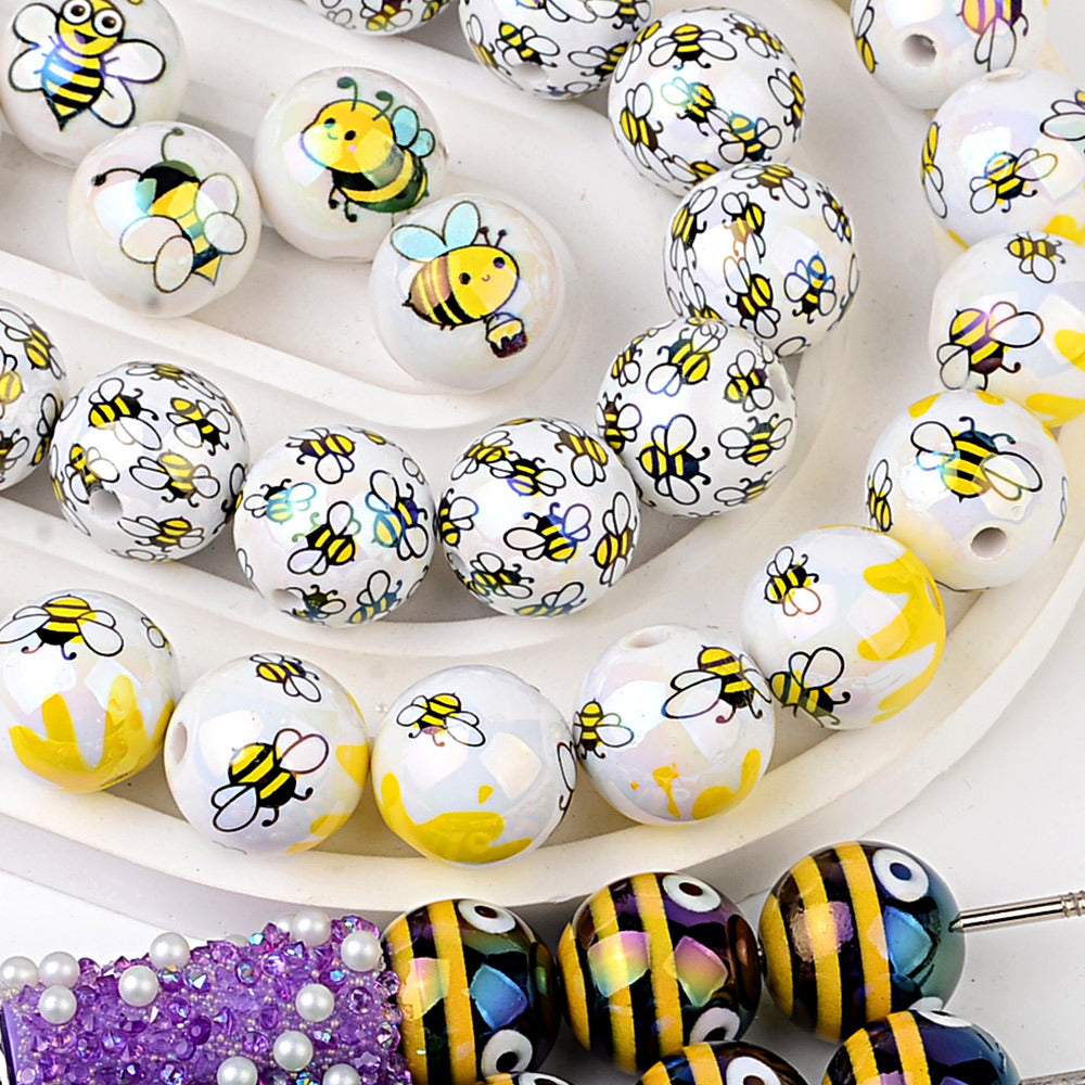 100Pcs acrylic plated cute little bee through hole round beads DIY handmade beaded necklace earrings bracelet accessories loose beads
