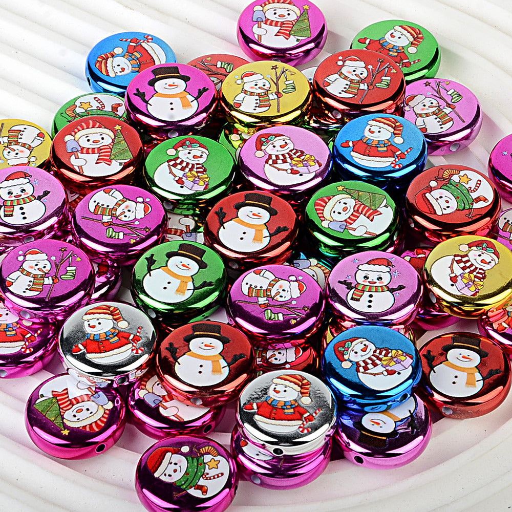 100Pcs 24mm metallic Christmas series printed through-hole flat beads DIY mobile phone bag chain jewelry accessories wholesale