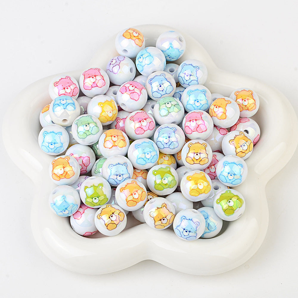 100Pcs Plated Color Printing Love Rainbow Bear Cartoon Round Cake Beaded DIY Pen Mobile Phone Chain Keychain Accessories