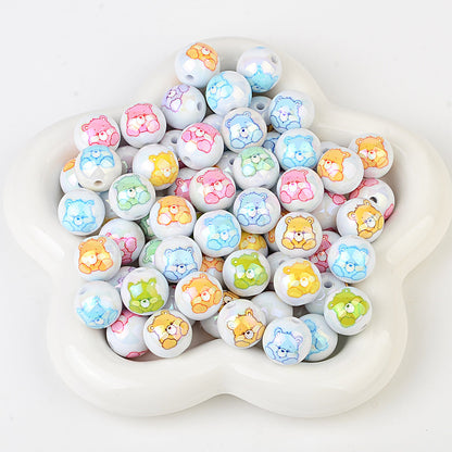 100Pcs Plated Color Printing Love Rainbow Bear Cartoon Round Cake Beaded DIY Pen Mobile Phone Chain Keychain Accessories