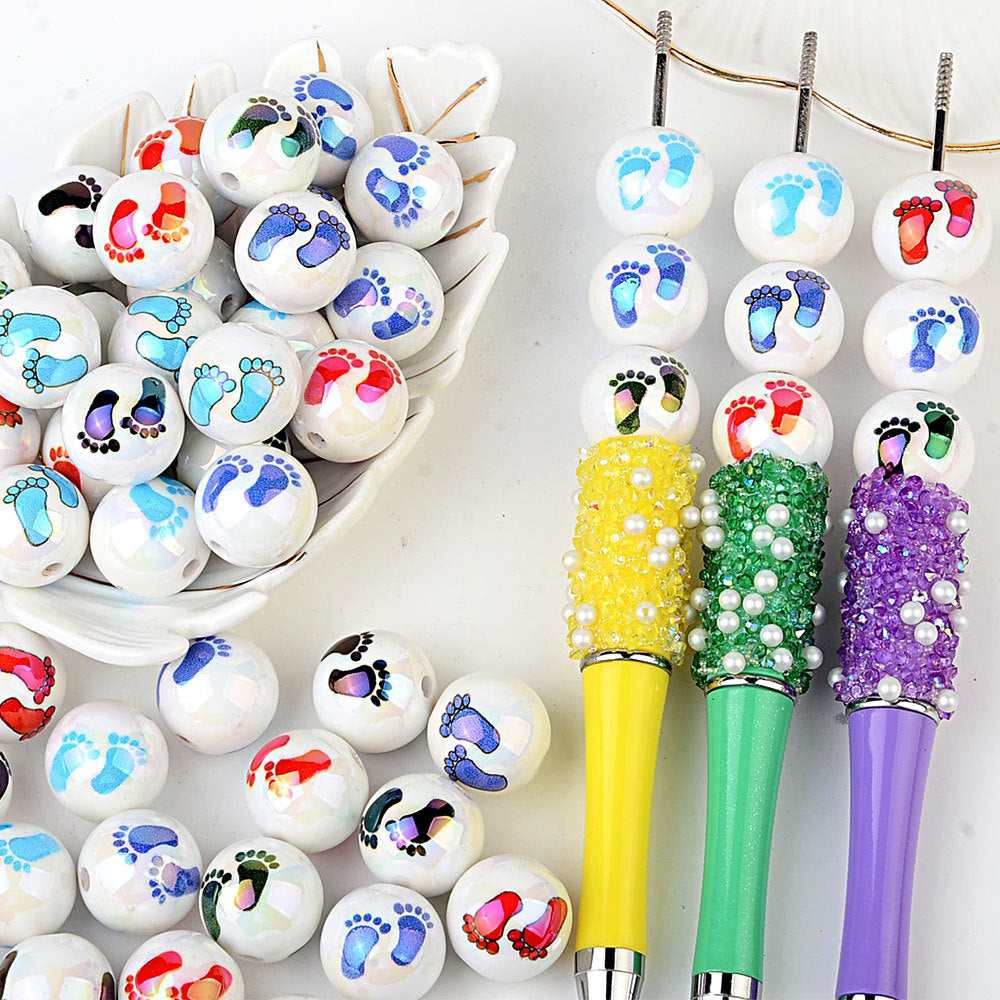 100Pcs Symphony Small Feet Printed Acrylic Beads DIY Handmade Bead Pen Loose Bead Jewelry Bracelet Through Hole Accessories