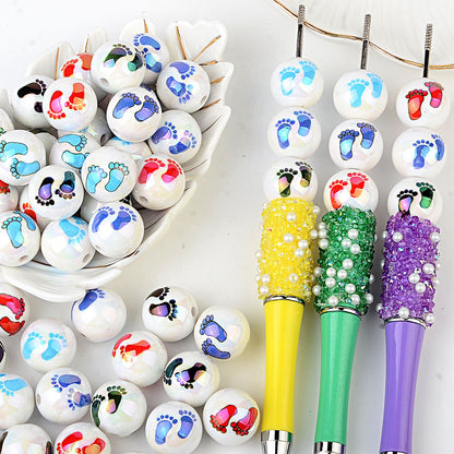 100Pcs Symphony Small Feet Printed Acrylic Beads DIY Handmade Bead Pen Loose Bead Jewelry Bracelet Through Hole Accessories