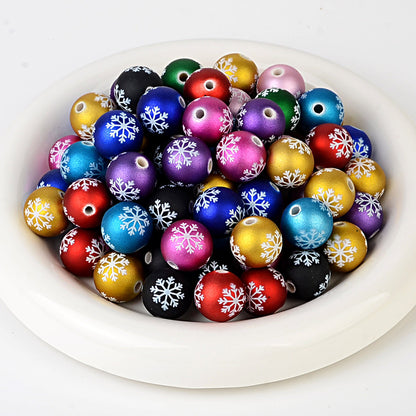 100Pcs matte feel paint Christmas series three-sided printing snowflake straight hole round bead DIY jewelry mobile phone chain bead pen accessories