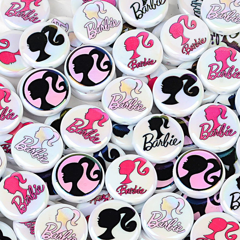 100Pcs UV plated color printing Barbie Barbie avatar straight hole round beads DIY mobile phone rope necklace jewelry loose bead accessories