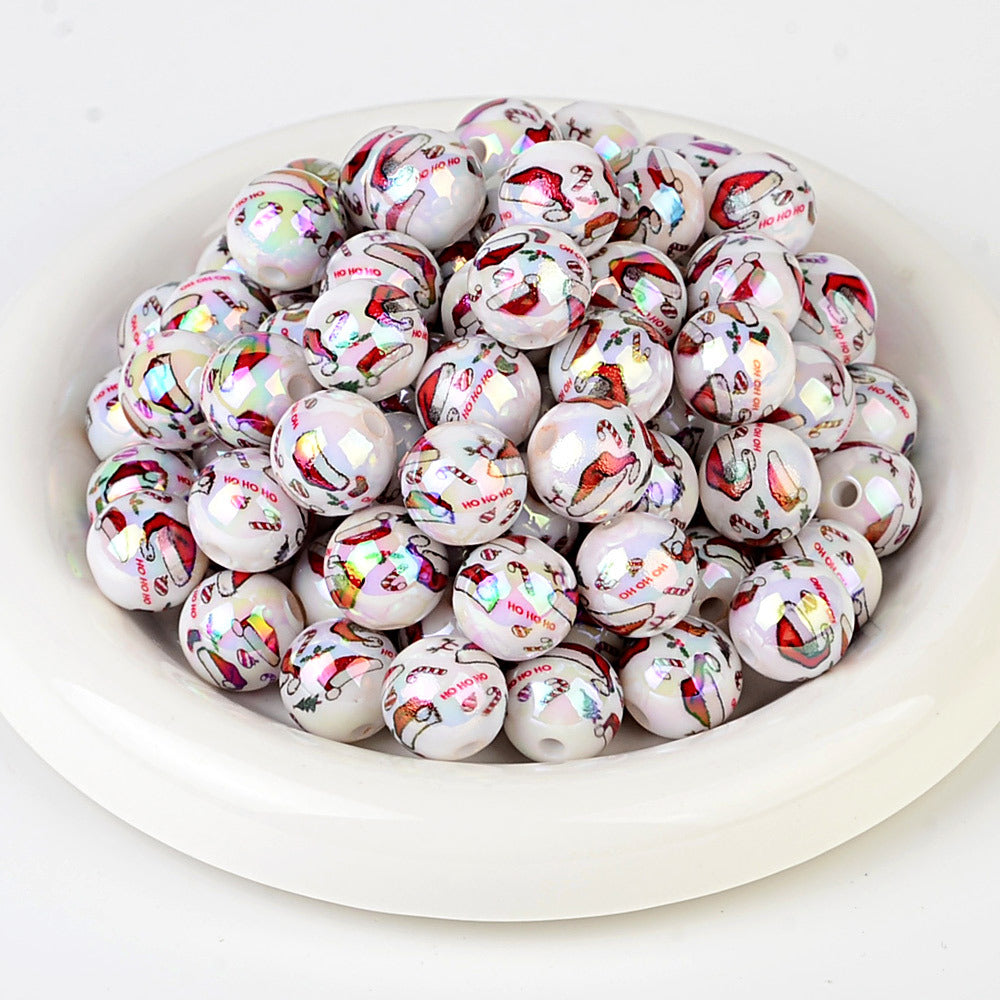 100Pcs Christmas elements printed round beads Santa Claus Christmas tree gingerbread man various acrylic beaded ornaments wholesale