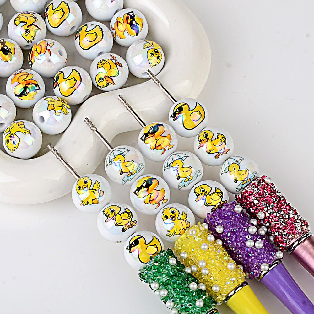 100Pcs acrylic UV plating color printing cartoon small yellow duck through hole round beads DIY handmade beaded mobile phone chain jewelry loose beads