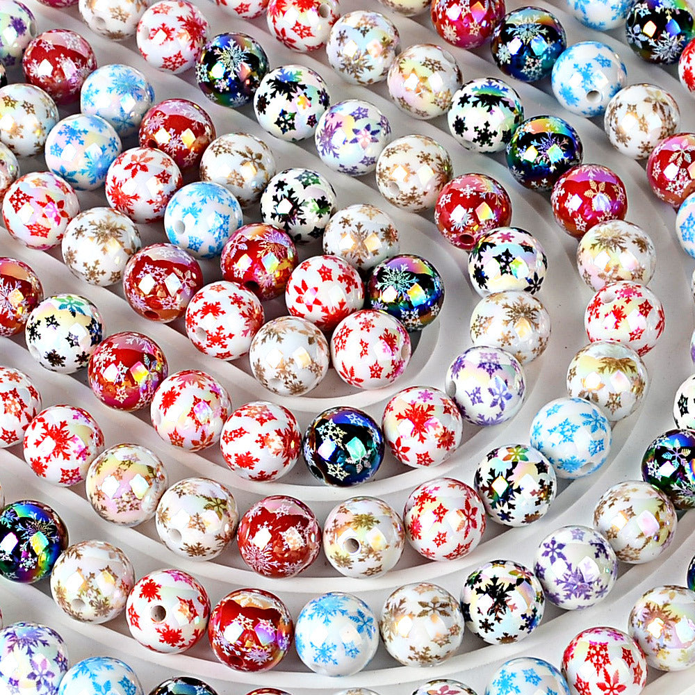 100Pcs 16mm acrylic UV plated color Christmas snowflake printing beads DIY round bead bead pen car hanging mobile phone chain accessories