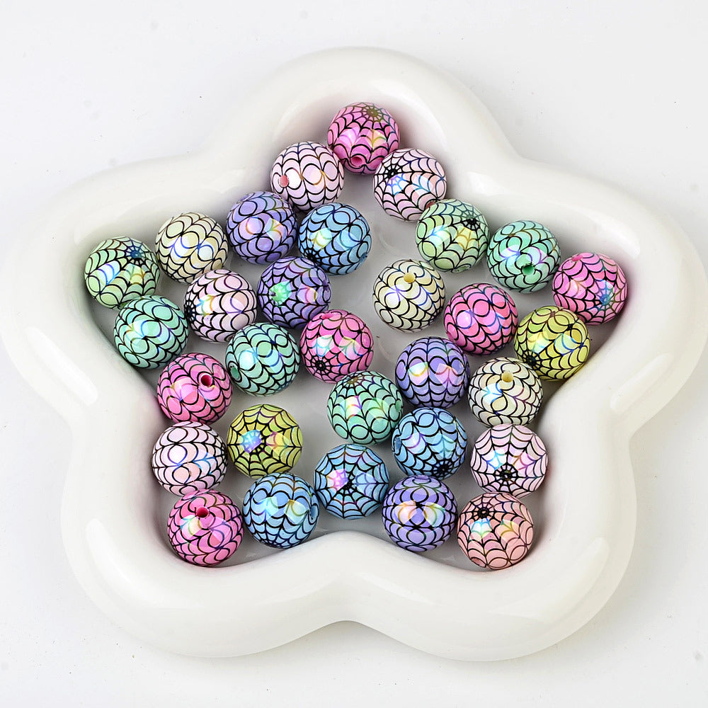 100Pcs 16mm acrylic plated color Halloween printing spider web straight hole round bead live broadcast DIY handmade beaded jewelry accessories