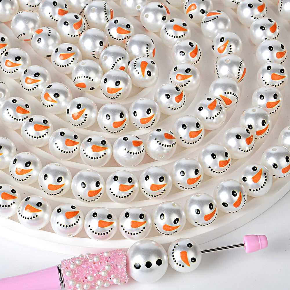 100Pcs anti-pearl printing Christmas two snowman straight hole round beads DIY mobile phone rope keychain bead pen accessories